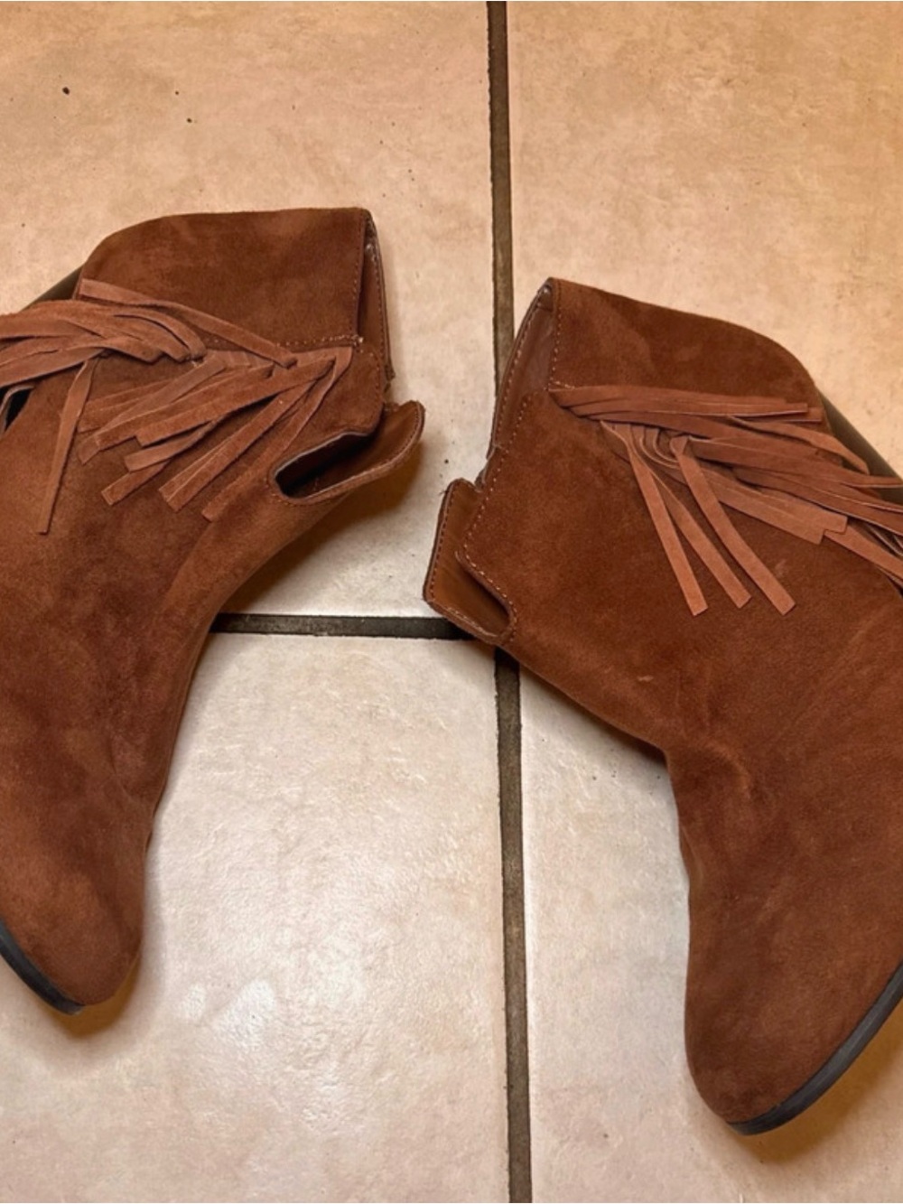 Fringed Suede Ankle Booties in Brown